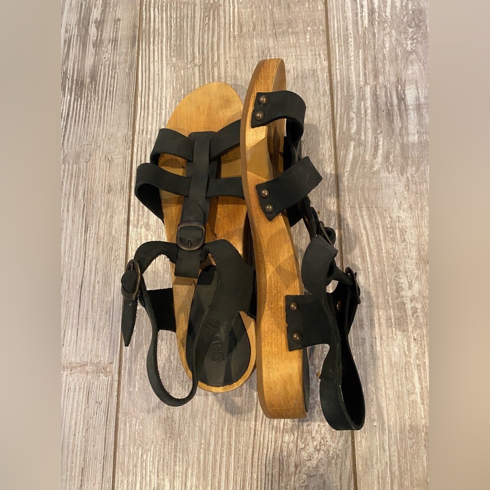 Sanita Danish Summer Clog Black Leather and Wooden Soles size 40
